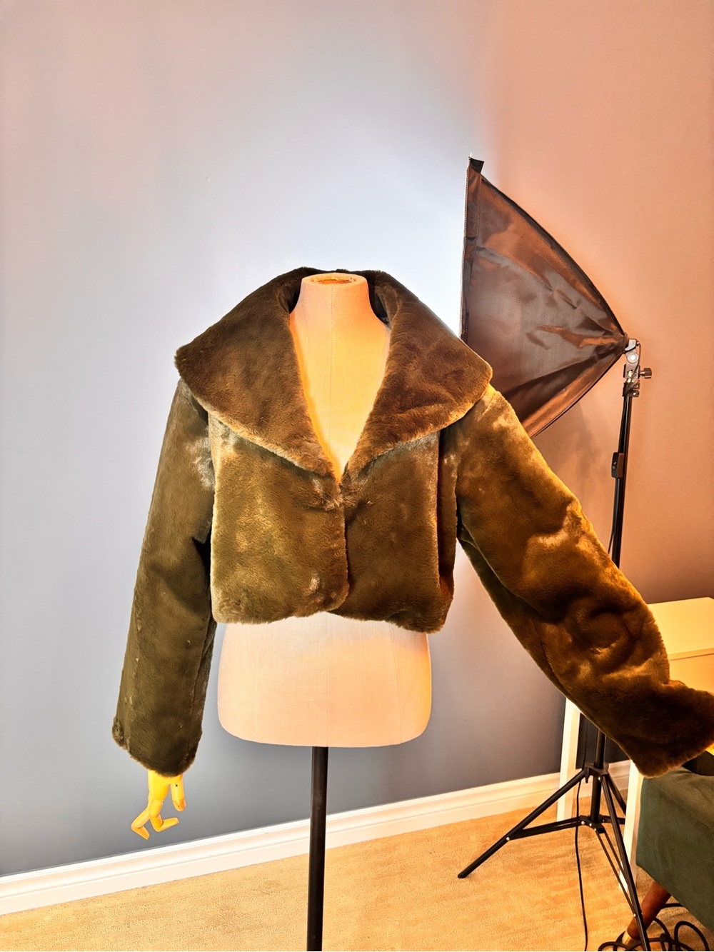 Olive green faux fur cropped jacket with one hook to close